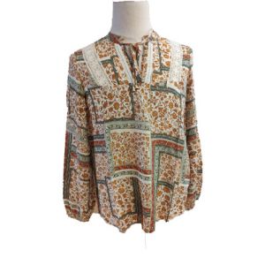 China Lace Up Neck Yarn Dyed 98% Viscose Chain Print Blouse wholesale