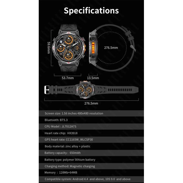 GPS AMOLED 650Mah 3ATM Waterproof Fitness tracking BT Call Professional Sports Smartwatch