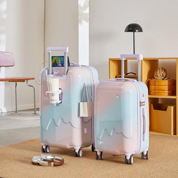 Zipper Closure Luggage Ice-Cream Series with USB Cup Holder Hard Shell Suitcase 210D Polyester Lining Multi-Functional