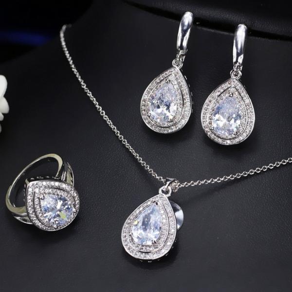 Hot selling Womens Luxury Wedding Flower CZ Zircon jewelry Set Fashion Waterdrop Necklace Earrings Set Jewellery sets