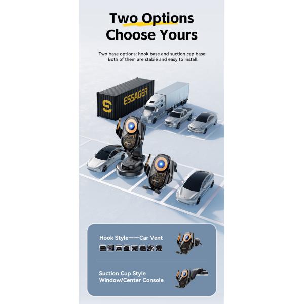 One-hand Operation Car Phone Holder with Wireless Charger and Anti-slip Features ESSAGER A6 360 Rotation