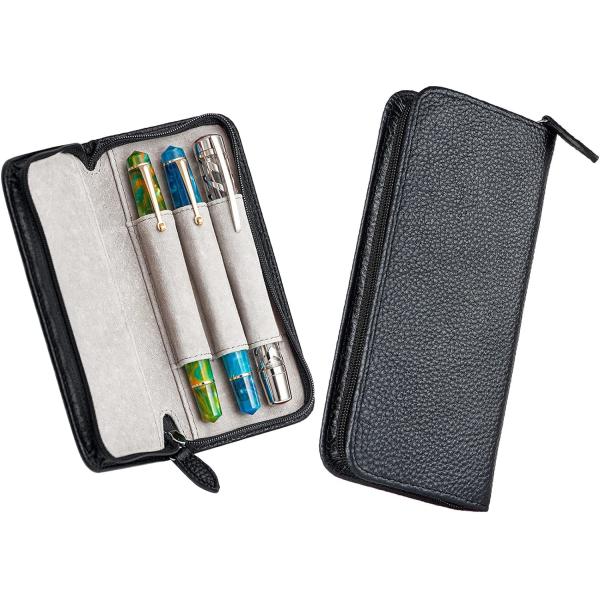 Genuine Leather Fountain Pen Case 3 Divided Slots Black Color, Zippered Pen Case Pouch
