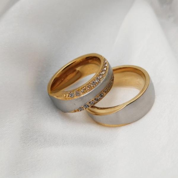 Gift Bridal CZ Stainless Steel Wedding Ring Band Set White Gold Plated 7mm