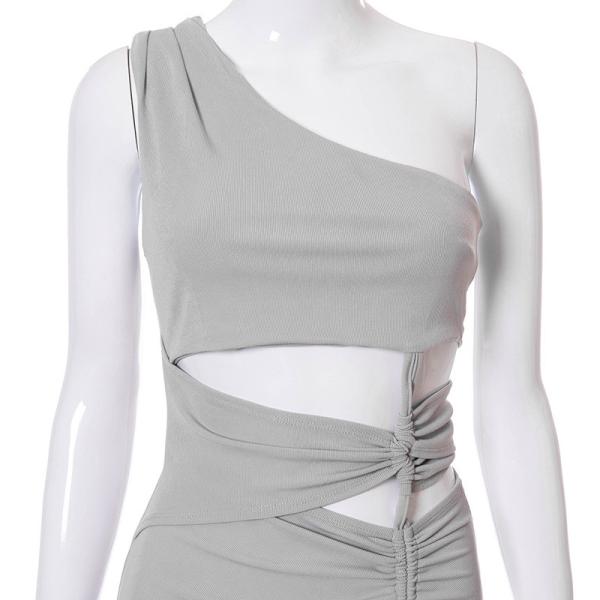 Drawstring Womens Party Maxi Dresses Stitching Slanting Shoulder Navel High Fork