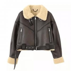 China                  Custom Cropped Leather Jacket Vintage Women&prime;s Motor Jackets Brand Quality Sherpa Warm Bomber Coat for Women Winter              wholesale