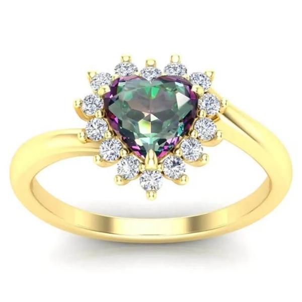 14K Rose Gold Plated Heart Cut Mystic Topaz White CZ Halo Gemstone Engagement Rings