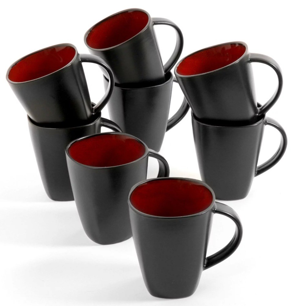 China 14 Oz Coffee Cups Red Reactive Stoneware 8 Pack Mugs Tea Cup Set wholesale