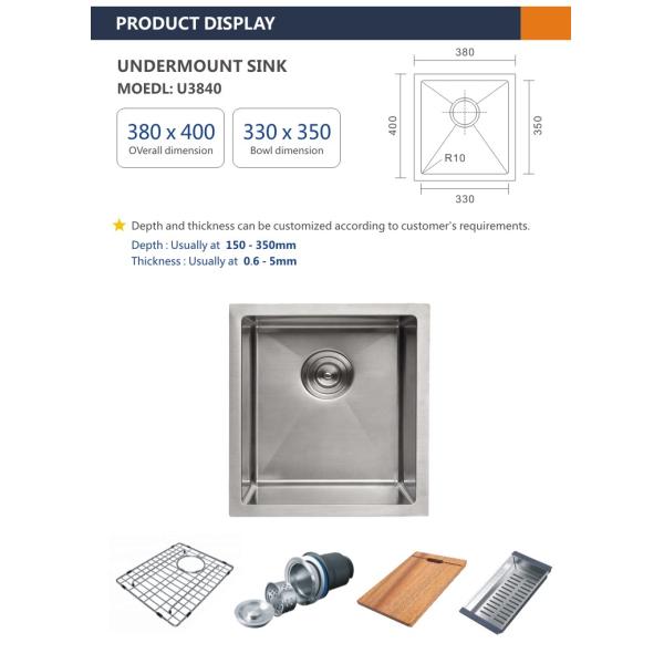 Undermount Stainless Steel Kitchen Sink Cabinet 16 Gauge single Bowl 38x40