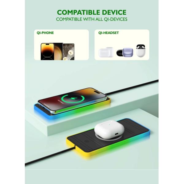 Apple and Samsung Compatible Car Wireless Charging Pad 2 in 1 USB Wireless Car Charger 15W Fast Charging