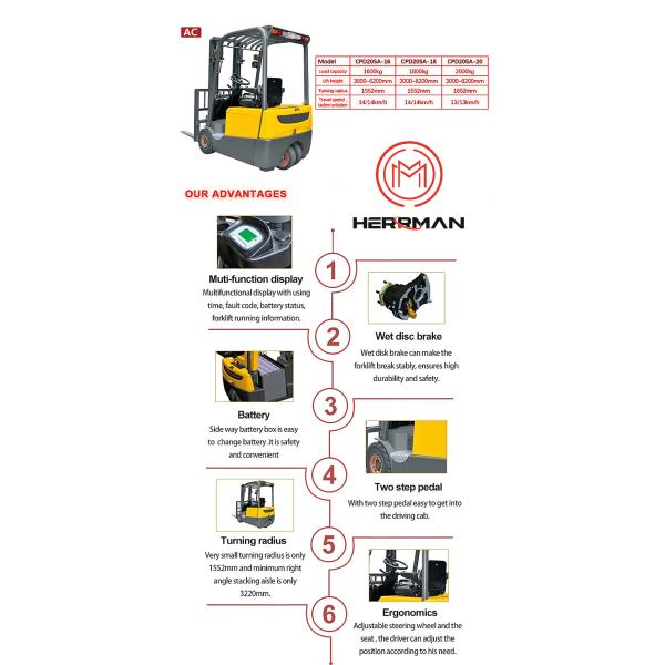 6200mm 1.8T Forklift High Capacity Three Wheel Electric Powered Forklift
