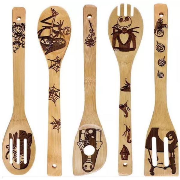 Halloween Christmas Bamboo Kitchen Utensils Laser Engraved Bamboo Cutlery Set