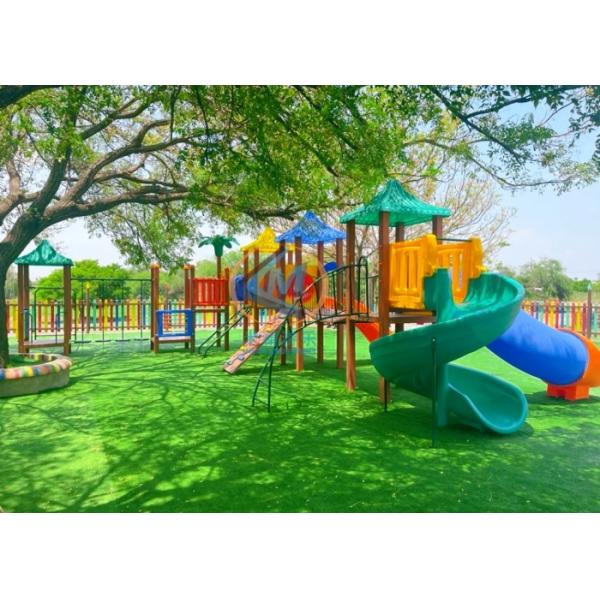 Kindergarten Outdoor Playground Slide With Plastic Wood Material 7.5x6m