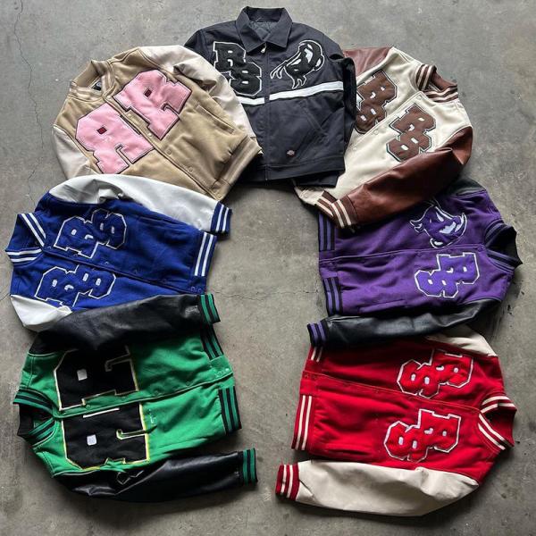 Chenille Embroidery Leather Sleeve Mens Bomber Varsity Jacket Breathable