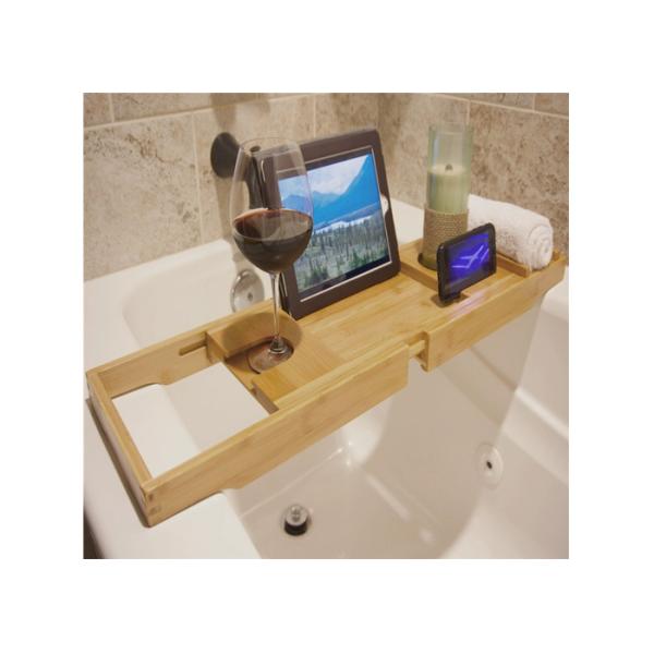 Bamboo Bathroom suppliers Bathtub Caddy with Extending Sides and Adjustable Book Holder
