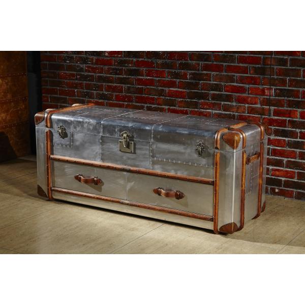Retro Vintage Leather Storage Trunk Aluminium Sheet Lifted Cover 2 Drawers For Office