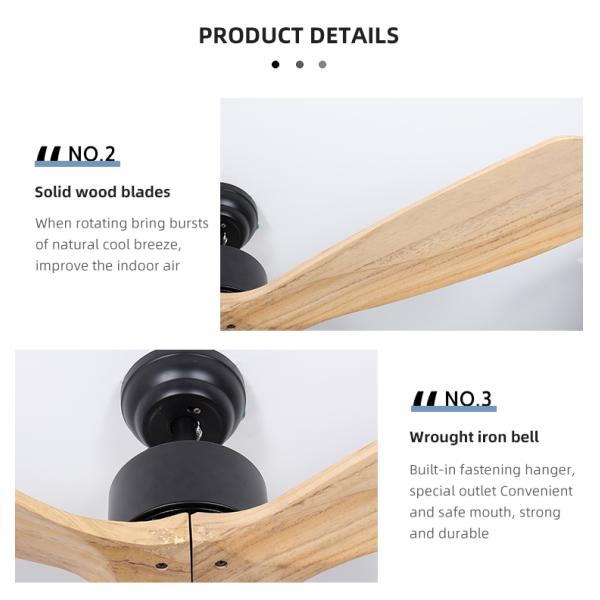 3 Blades 65w Iron Solid Wood Ceiling Fan Light 52Inch Led Indoor Ceiling Fan