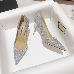 Spring Ladies Wedding Pumps , Sheepskin Golden Shiny Pearl Crystal Shoes