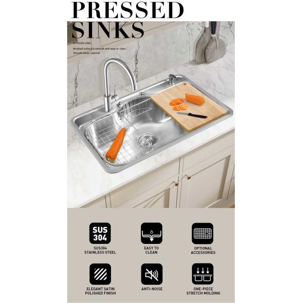 0.9mm Thick Top Mount Kitchen Sink , 20 Gauge Stainless Steel Single Basin