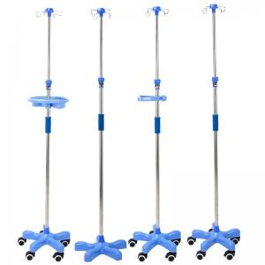 China Hospital Four Legged Mobile Stainless Steel Infusion Set IV Pole Drip Rack With Wheels wholesale