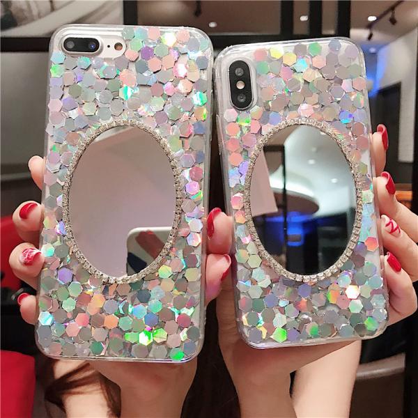 Rehinestone Electroplated Designer Makeup Phone Case With Mirror