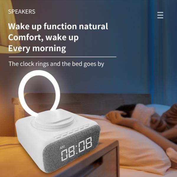 Bluetooth Speaker Bed Lamp Therapy with Digital Alarm Clock Wireless Charger FM Radio