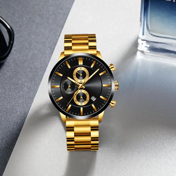 Mens Japan Movt Watch Stainless Steel Back PVD Plated Calendar Wrist Watch