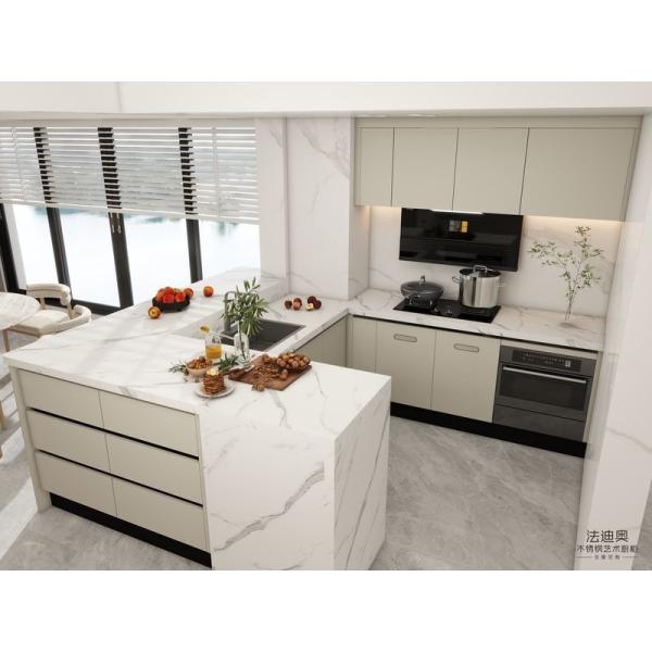 Modern Beige Stainless Steel Kitchen Cabinet With High-Low Design Quartz Countertop