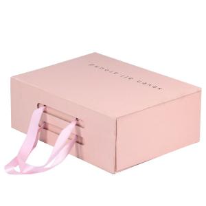 China Foldable Pink Magnetic Closure Gift Box With Ribbon Handle Premium Glossy Finish wholesale