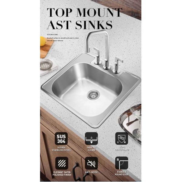 Top Mount SUS304 Single Bowl Drop In Kitchen Sink 20 Gauge With Satin Polished Finish