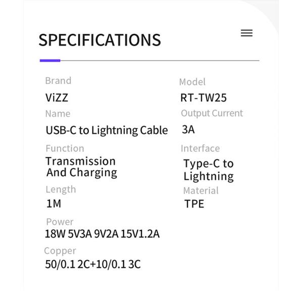 Safety Ecofriendly PD Lightning 3A TW25 USB Charging Cables