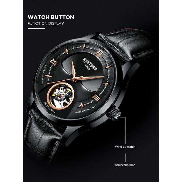 Black Genuine Leather Wrist Watch Hollow Out Dial Analog High Refraction