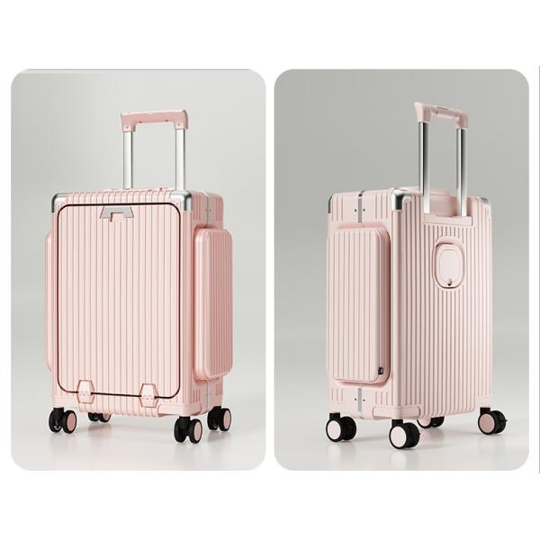 Lightweight Unisex Travel Luggage Front Opening Aluminium Frame Suitcase with Charging Port and Side Opening