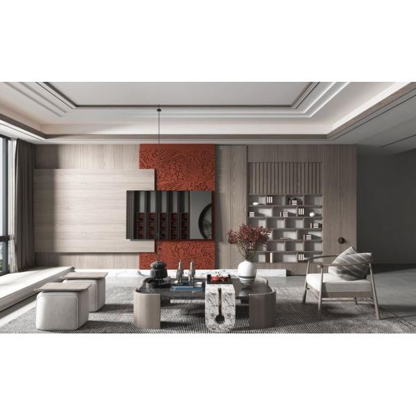 Modern Wood Grain TV Cabinet Solution With Red Cloud Pattern Stainless Steel Background Panel