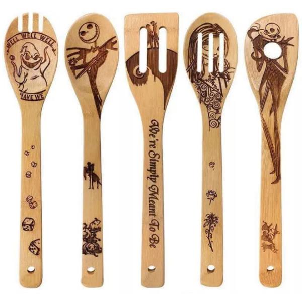 Halloween Christmas Bamboo Kitchen Utensils Laser Engraved Bamboo Cutlery Set