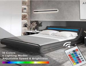 China Black Double Upholstered Bed Linen Fabric Platform Bed With LED Light on sale