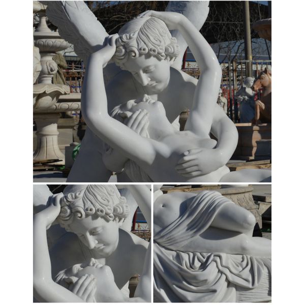 BLVE White Marble Cupid and Psyche Statue Life Size Angel Stone Sculpture Handcarved Greek Love God Garden Decoration
