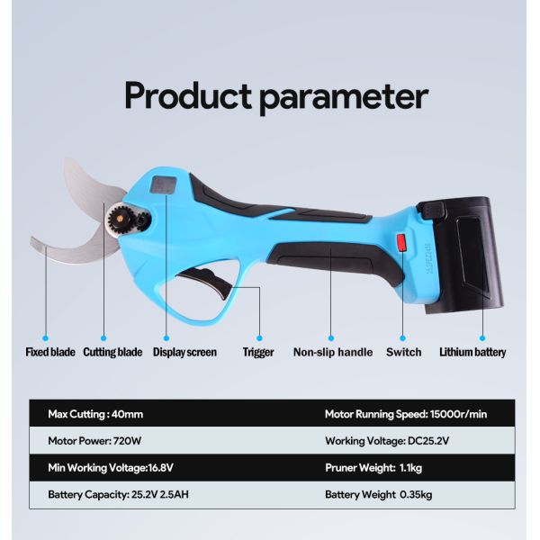 Swansoft 25.2V Cordless 40mm electric pruning shears with LED Display Screen Finger Protection