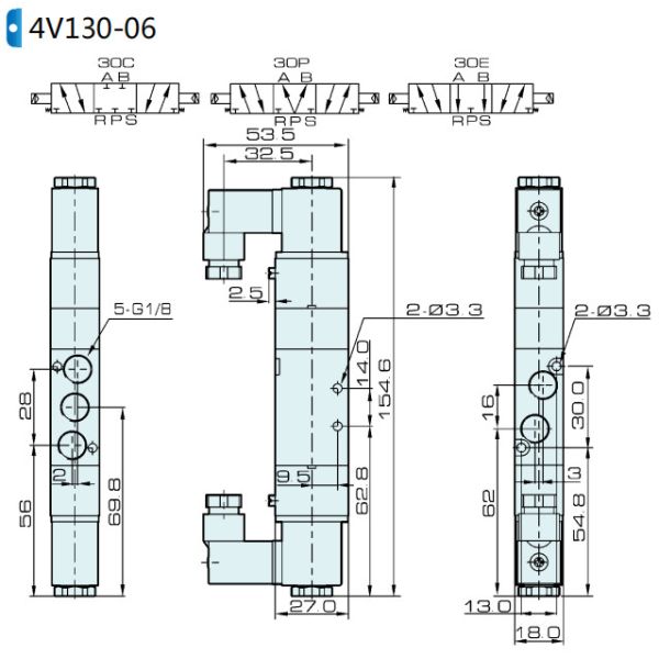 AIRTAC 4V230C-06 Solenoid Valve DC24 220VAC 5 Way 3 Position Aluminum Alloy
