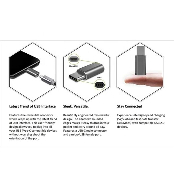Plug and Play Metal Shell Micro USB Female to Type C Male OTG Converter Adapter