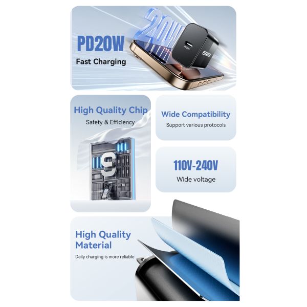 ESSAGER PD 20W Usb C Fast Charging Gan Mobile Cell Phone Charger Us Eu Uk Plug Mini Portable