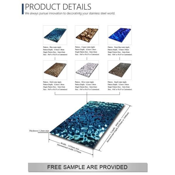 Blue Coated Water Ripple Stainless Steel Sheet 2438mm 3048mm 201 304 PVD