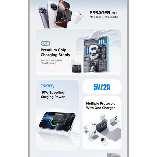 ESSAGER 10W Usb A PD3.0 QC3.0 5V 2A Wall Phone Charger Single Port ES-CD51