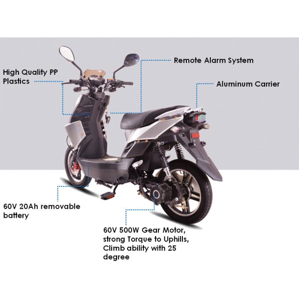 35 mph Electric 2 Wheel Scooter Gear motor strong climb ability 500W 60V With Alarm System