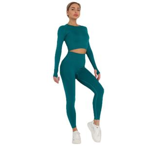 China Knitted solid color seamless long sleeved pants yoga suit fitness pants women on sale