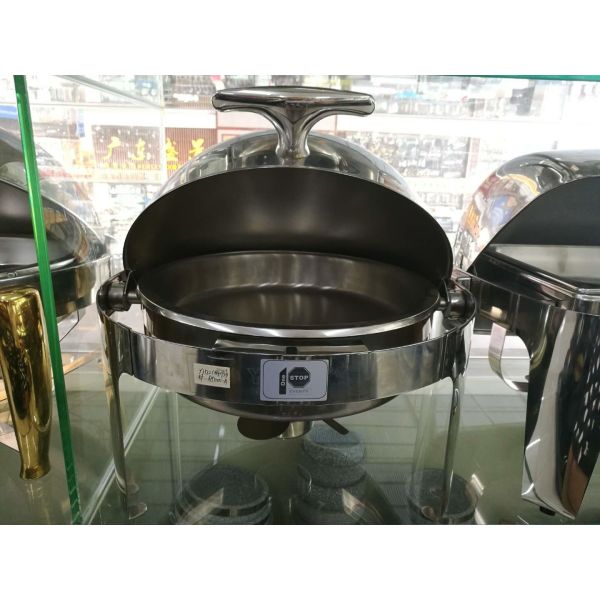 Mirror Finish Stainless Steel Cookwares / Round Food Pan with Round Roll Top Lid Fully Open at 180°