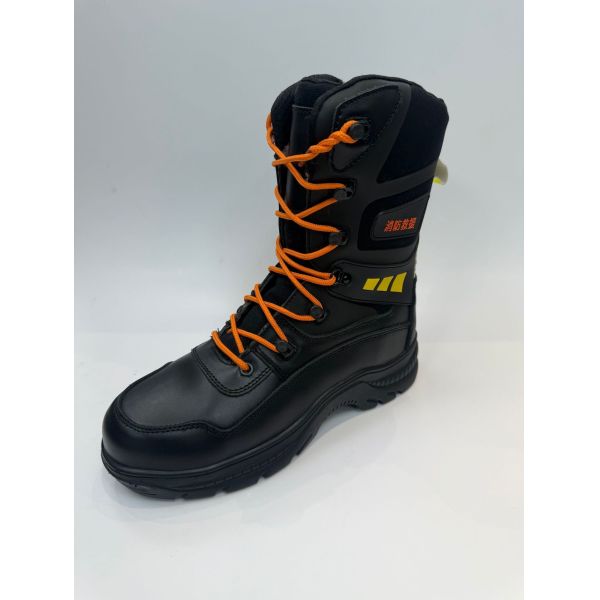 Black Cowhide Leather Work Firefighter Safety Boots Rubber Sole Steel Toe