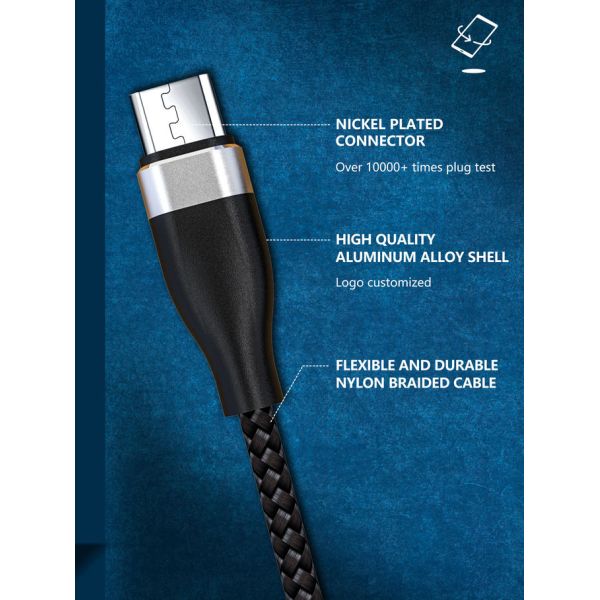 Nylon 3.3FT Black 480Mbps Micro Data USB Cable For Mobile Phone