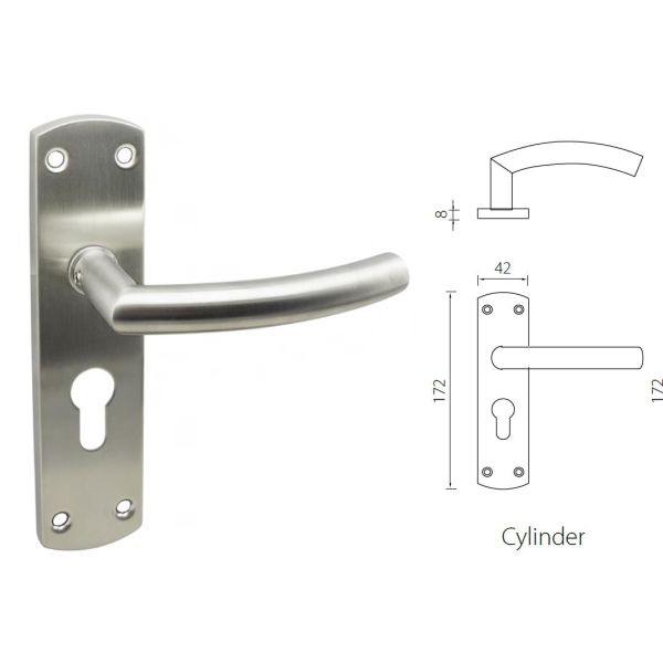 Stainless steel door handle on a spring loaded backplate for UK size lever lock