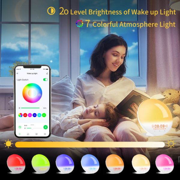 2022 New Smart APP Sunrise Wake up Light Alarm Clock with 8 Natural Music Sunrise Simulation Bedside Night light with FM
