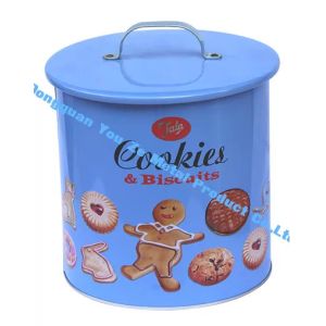 China Jala Cookie Tins Biscuits Food Grade Tin Containers Blue Cookie Tin with Handle on Cap wholesale